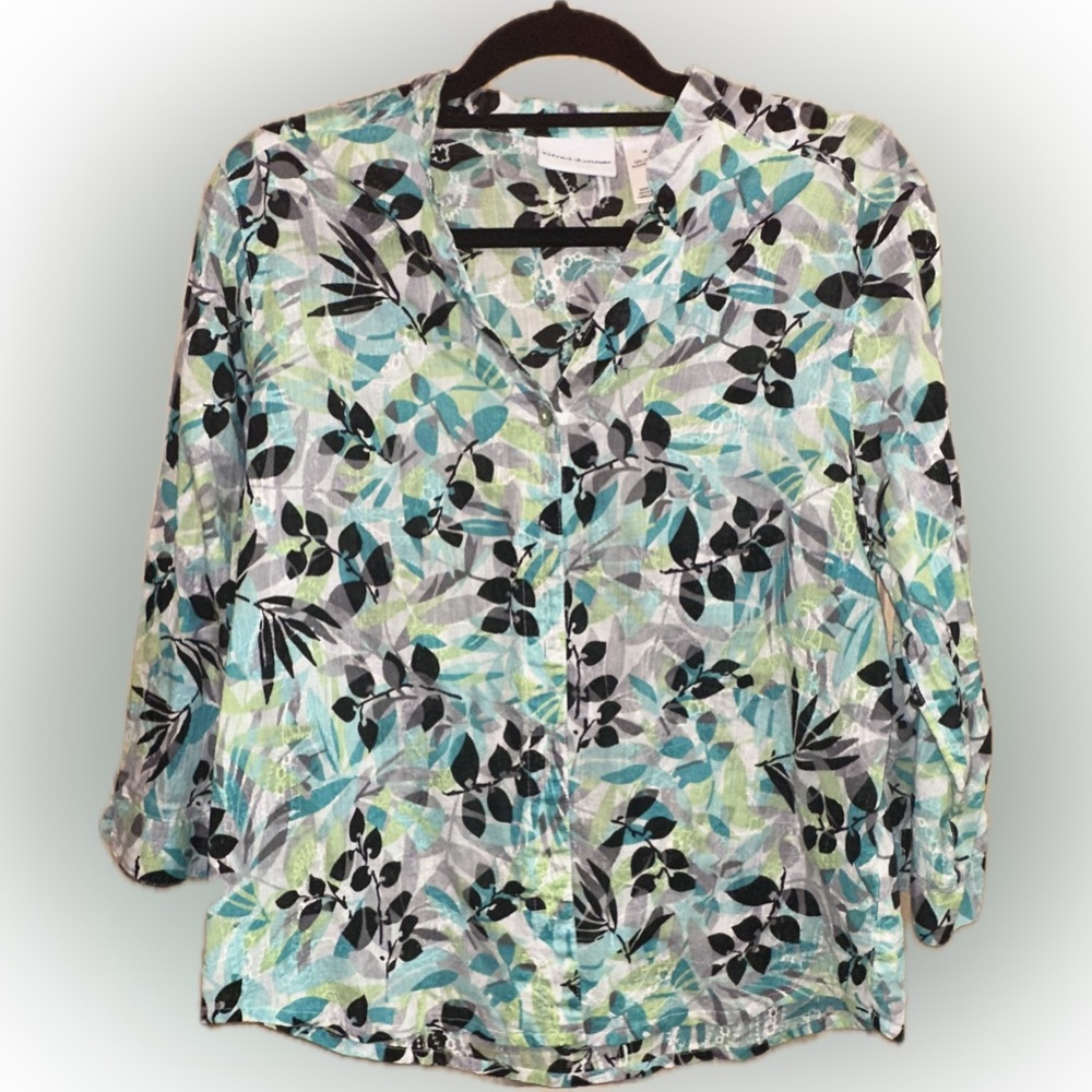 Alfred Dunner Leaf Print Button-Down Shirt - Blue, Green, Black